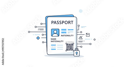 Digital Passport Security: Travel Document with QR Code and Lock Icon, Secure Identity