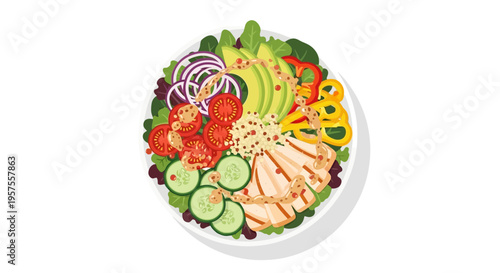 Healthy Chicken Salad Bowl with Avocado, Tomatoes, Cucumber, and Peppers - Top View