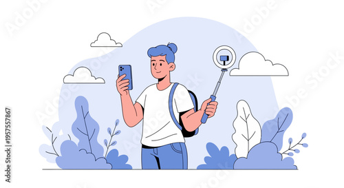 Young Man Taking Selfie with Smartphone and Selfie Stick Outdoors