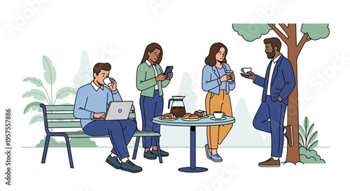 Diverse colleagues enjoying outdoor coffee break with laptops and smartphones, teamwork concept