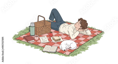 Relaxing Picnic Day: Person Sleeping with Dog, Book, and Snacks on Blanket