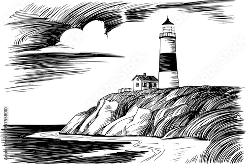 Black and white of a striped lighthouse and keeper's cottage a rocky cliff overlooking the sea