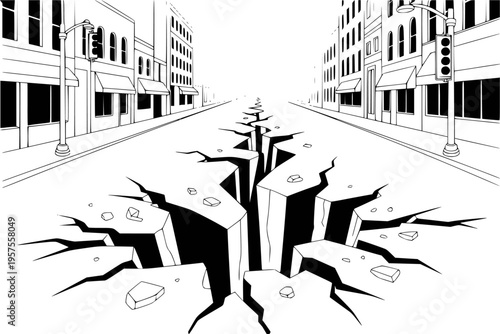 Cracked city street with deep fissure and buildings white background earthquake disaster