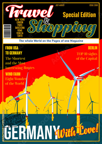 Travel and Shopping Magazine Fake Cover. Germany with Love. German Attraction Find Farm Illustration. Offshore Wind Power Stations Panorama, Germany Flag, Vector Template for Touristic Illustrations