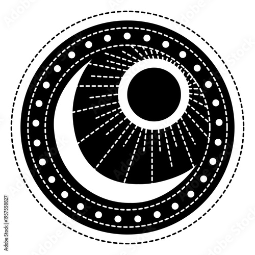 Crescent moon sun ray spot detailed silhouette celestial body