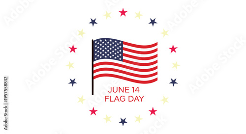 American Flag Waving with June 14 Flag Day Text and Stars Border, Patriotic Celebration