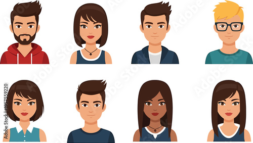 Diverse group of eight cartoon people with different facial expressions and hairstyles