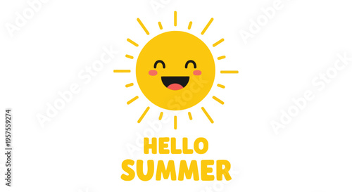 Happy Cartoon Sun Emoji Saying Hello Summer with Bright Rays on White Background