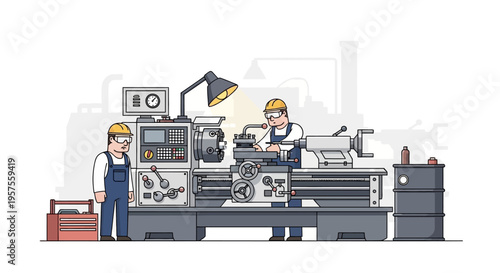 Two workers operate and assist at a large industrial lathe machine in a factory.