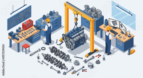 Workers assemble engine parts in a busy industrial workshop setting daily