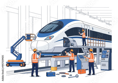Workers repair a modern train in a maintenance facility with tools