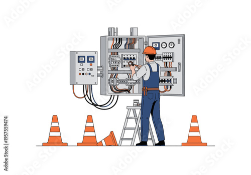 A worker in overalls and a hard hat repairs an electrical panel with caution cones around.