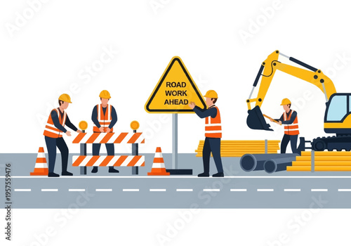 Workers operate excavator and place road cones on highway construction site
