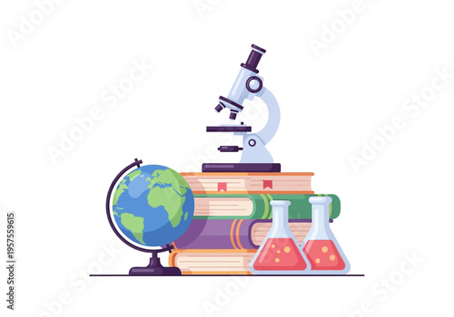 A microscope sits atop stacked books beside a globe and beakers.
