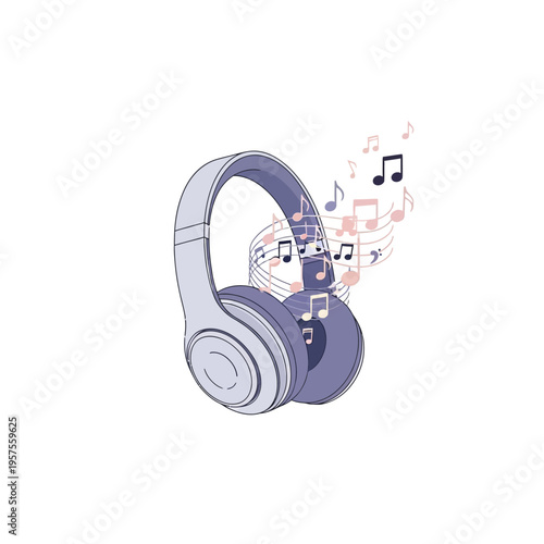A pair of headphones with music notes floating out