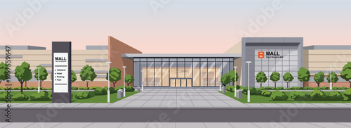 Modern Shopping Mall Building Exterior Flat Illustration. Hotel and apartment. Urban mall. City mall park. Afternoon mall landscape.