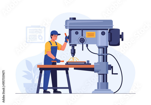 A man in a workshop operates a large industrial drill press machine.