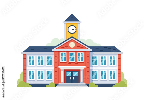 A large red school building with a clock tower stands outdoors