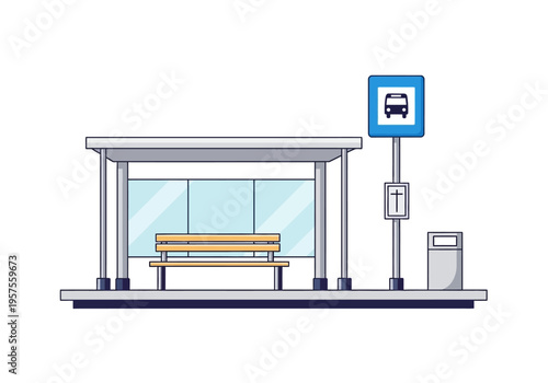 A bus stop shelter with a bench and sign on a sidewalk