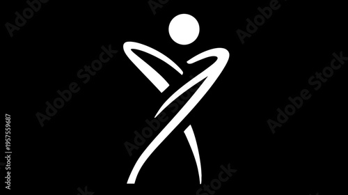 Dynamic abstract human figure, minimalist white person icon on black background, concept of connection, balance, and unity.