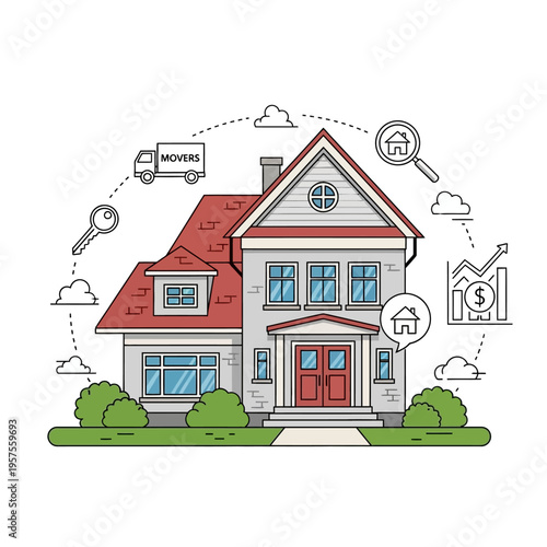 House Moving Service Concept with Truck, Key, Search, and Growth Chart Icons