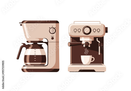 Two coffee makers with cups on a table indoors morning