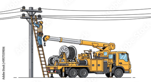 A worker uses a crane truck to repair power lines on a pole