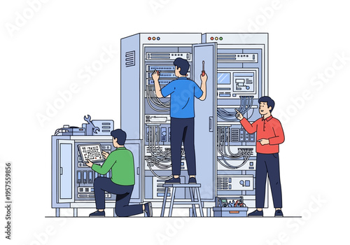 Technicians repairing large industrial equipment with tools and control panels.