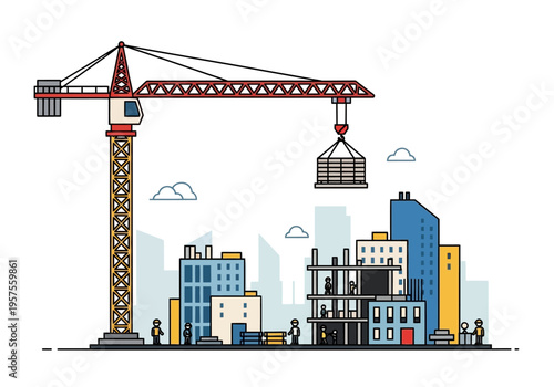Construction workers operate crane lifting heavy loads amidst city buildings