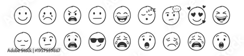 collection of hand drawn emotional faces line art icons, facial expression symbols set on transparent background