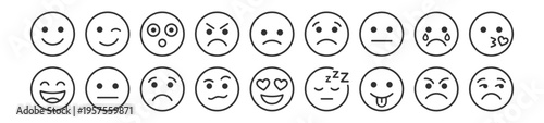 set of outline emoticon faces with different expressions vector illustration on transparent background