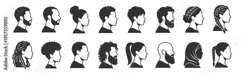 silhouettes of diverse male and female hairstyles and head profiles on transparent background
