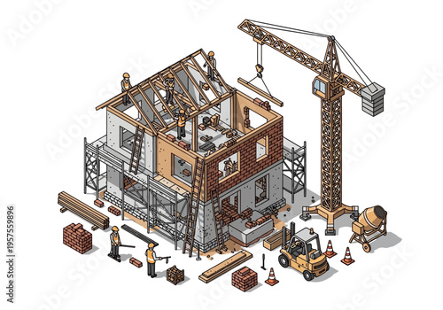 Construction workers build a house with a crane and scaffolding