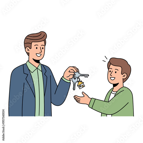 Man handing keys with house charm to another man, symbolizing new home ownership or real estate transaction.