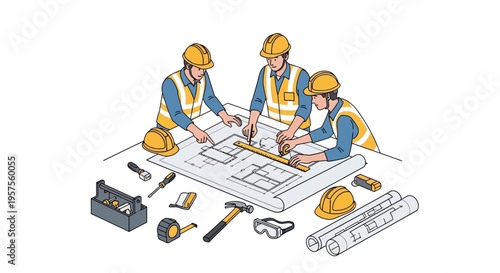 Three construction workers plan project with tools and blueprints on table