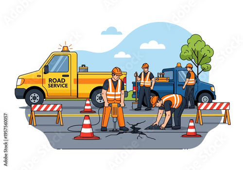 Workers in orange vests fix road with truck and cones nearby outside