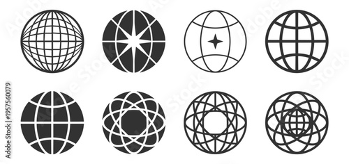 abstract globe icons set, vector symbols for earth, global network, spherical planet design on transparent background