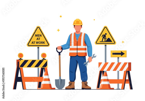 A construction worker with a shovel stands between road signs and barriers on a site.