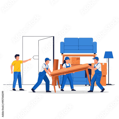Movers Carrying Furniture Out of a Room with Boxes and Sofa