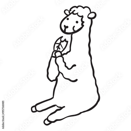 Cute llama sitting eating leaf outline