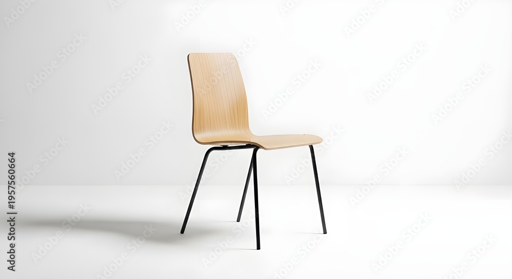 Fototapeta premium Modern Plywood Side Chair with Black Metal Legs, Minimalist Bentwood Dining Chair Isolated on White Background for Interior Design Mockups