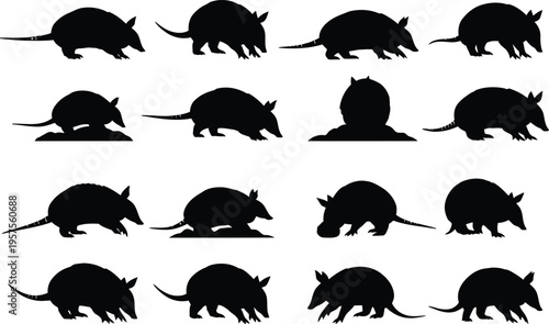 Collection of armadillo silhouettes in various poses and angles