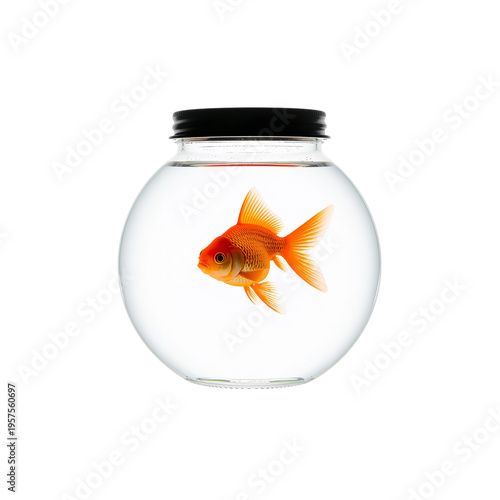 Goldfish Swims in Round Glass Bowl During Bright Indoor Light in a Simple Set...