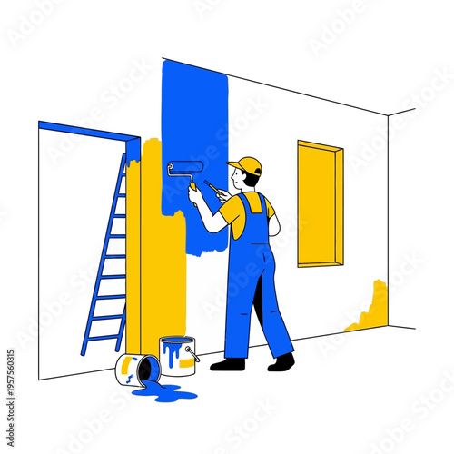 Painter renovating room, applying blue and yellow paint with roller and brush