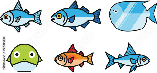 Flat Fish Icon Set Featuring Various Marine Species Cartoon Style Aquatic Animals with Different Shapes and Colors for Ocean Wildlife Design