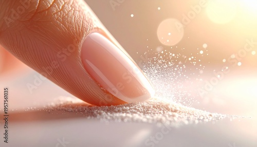 Macro of Manicured Finger Touching Sparkling White Powder