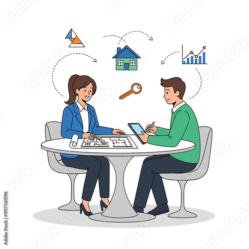 Real Estate Agent Explaining House Plans to Client at Table