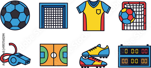 Football and Soccer Equipment Collection Set with Ball Goal Jersey Shoes Whistle Field and Scoreboard Flat Vector Illustration Isolated on White Background