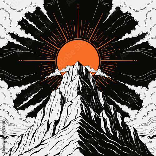 A dramatic illustration of a mountain with a vibrant orange sun rising behind it