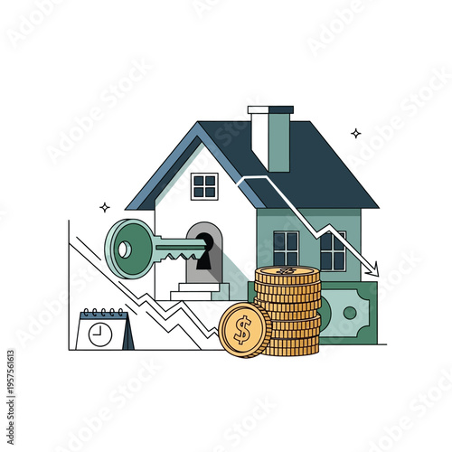 Real Estate Investment Growth and Decline with Key, Coins, and Chart